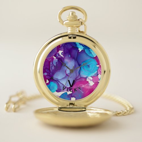 Funky personalized heart abstract marbled ink  wat pocket watch