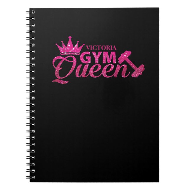 Funky Personalized Hot Pink Faux Glitter Gym Queen Notebook (Front)
