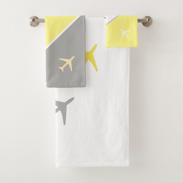 Funky Pilot Aviation Plane Planes Yellow Grey Bath Towel Set (Insitu)