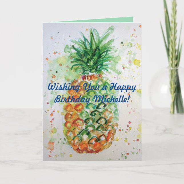 Funky Pineapple Fruit Watercolour Birthday Card (Front)