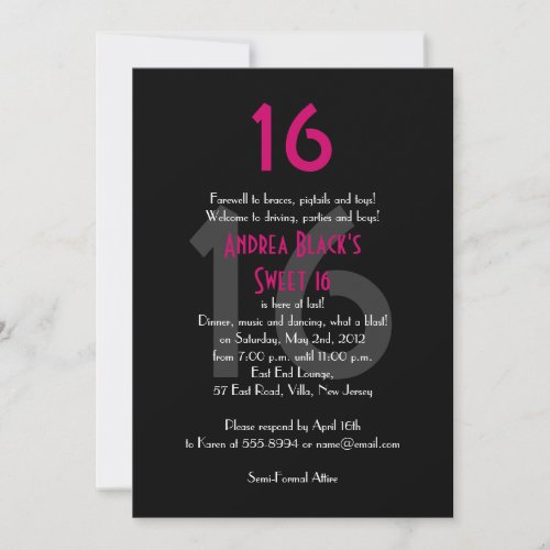 Funky Pink and Black Sweet 16 Birthday Invitation