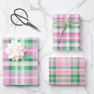 Funky Pink And Green Plaid Tartan Mix Pattern Wrapping Paper Sheets