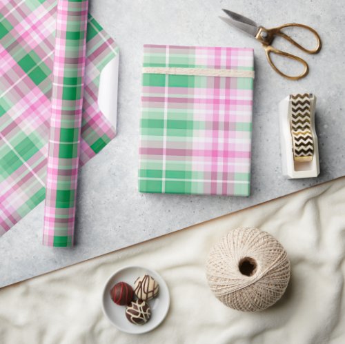 Funky Pink And Green Plaid Tartan Pattern Wrapping Paper