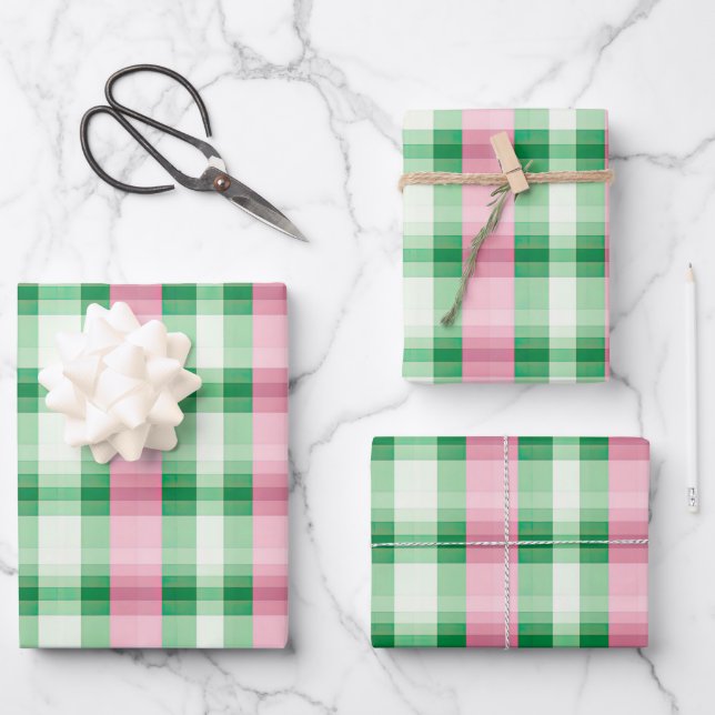 Funky Pink And Green Plaid Tartan  Pattern Wrapping Paper Sheets (Front)