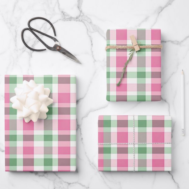 Funky Pink And Green Plaid Tartan  Pattern Wrapping Paper Sheets (Front)