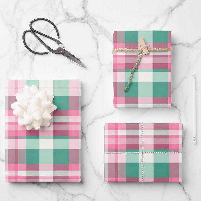 Funky Pink And Green Plaid Tartan  Pattern Wrapping Paper Sheets (Front)