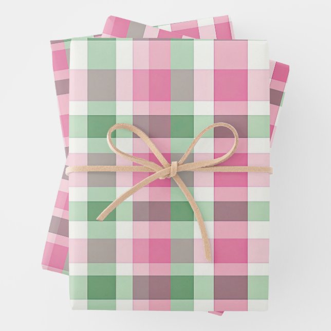 Funky Pink And Green Plaid Tartan  Pattern Wrapping Paper Sheets (In situ)