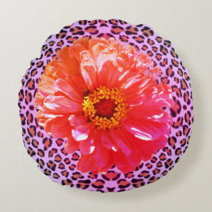 Funky pink and orange floral with leopard pattern  round pillow