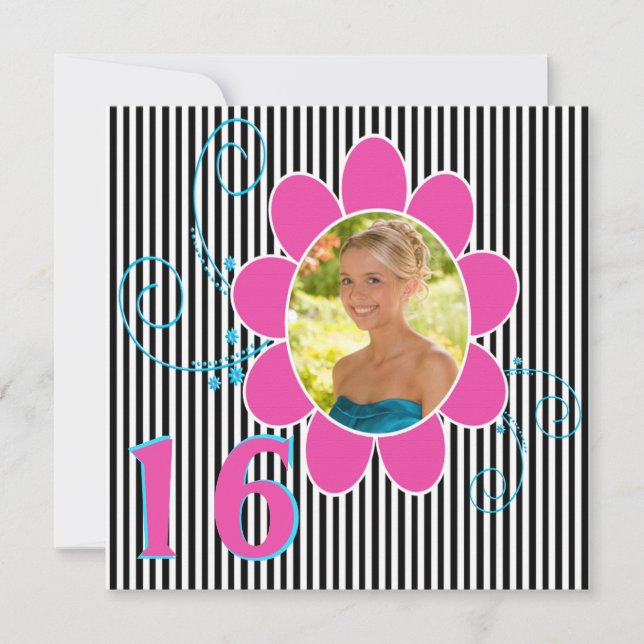 Funky Pink, Blue, Black, White Stripe Sweet 16th Invitation (Front)