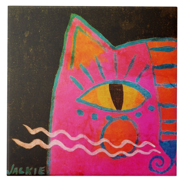 Funky Pink Cat Painting Ceramic Tile (Front)