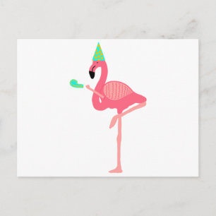 Funky Pink Flamingo Wearing Party Hat Invitation Postcard