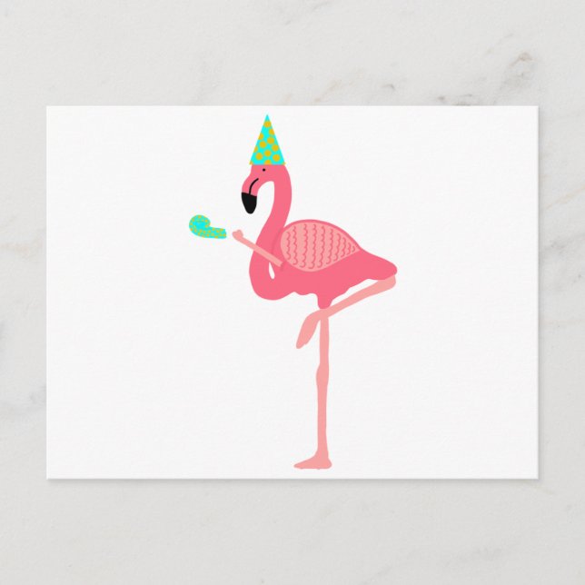Funky Pink Flamingo Wearing Party Hat Invitation Postcard (Front)