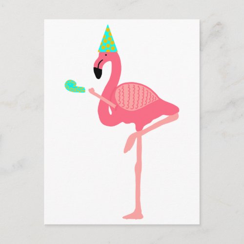 Funky Pink Flamingo Wearing Party Hat Invitation Postcard