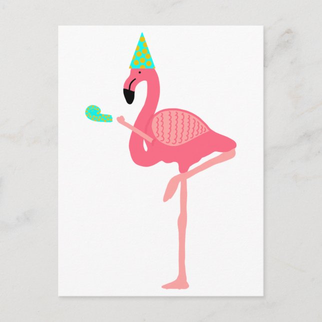 Funky Pink Flamingo Wearing Party Hat Invitation Postcard (Front)