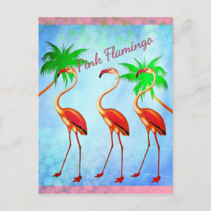 Funky Pink Flamingos Palm Trees Blue Sky Postcard