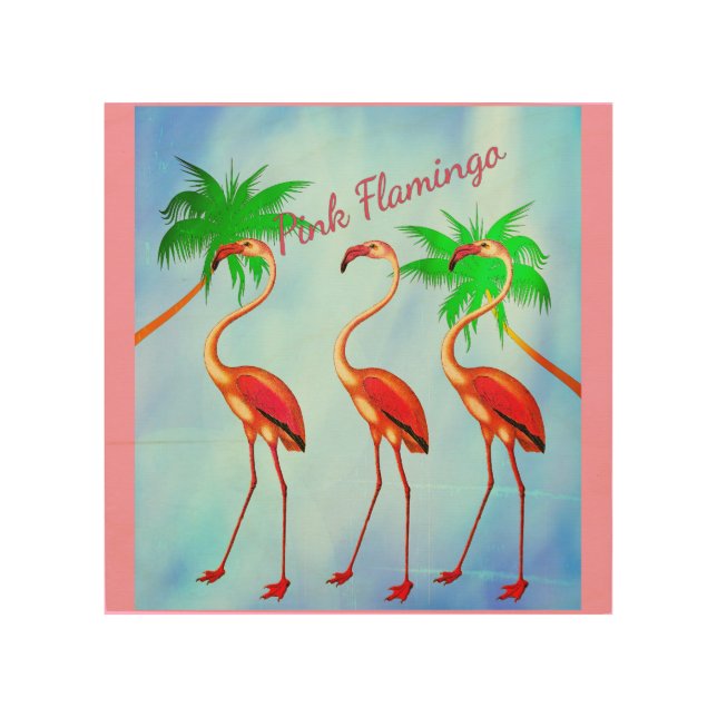 Funky Pink Flamingos Palm Trees Blue Sky Wood Wall Art (Front)