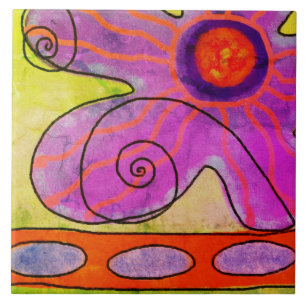 Funky Pink Flower Abstract Painting Ceramic Tile