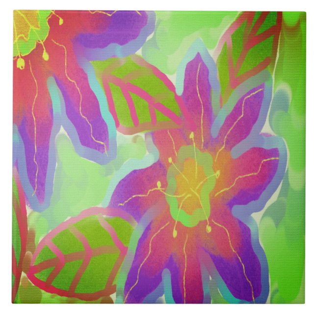 Funky Pink Flowers Abstract Art Ceramic Tile (Front)
