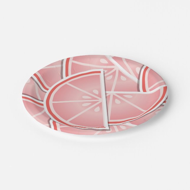 Funky pink grapefruit wedges paper plates (Angled)
