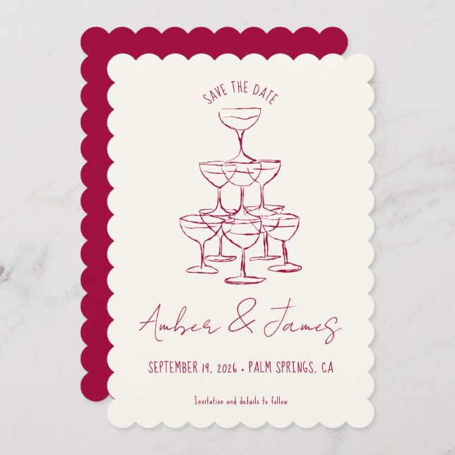 Funky Pink Hand drawn Champagne Tower Wedding Save The Date (Front/Back)