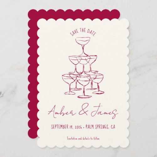 Funky Pink Hand drawn Champagne Tower Wedding Save The Date