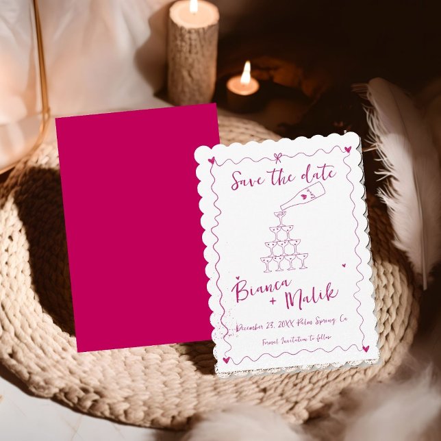 Funky Pink Handwritten Champagne Tower Wedding  S Save The Date (Creator Uploaded)
