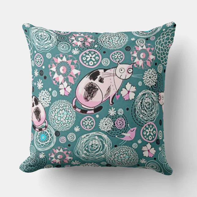 Funky Pink KItty Cat Pattern Throw Pillow | Zazzle