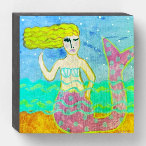 Funky Pink Mermaid Abstract Art Wooden Box Sign