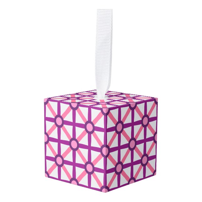 Funky Pink & Purple Pattern Cube Ornament (Front Angled)
