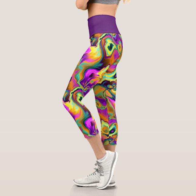 Funky Pink Purple Teal Turquoise Marble Fractals Capri Leggings (Left)