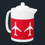 Funky Plane Airplane Pilot Aviation Flying Sky Teapot<br><div class="desc">Funky White Plane Red Background Teapot / Tea Pot to add to your home / office drinkware collection. A cool present / gift idea for all who love custom design items,  positive vibes,  sky,  flying,  aviation etc. Airways,  airlines,  sky,  air. Change the background colour (red) to suit your style.</div>
