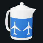 Funky Plane Airplane Pilot Aviation Flying Sky Teapot<br><div class="desc">Funky White Plane Blue Background Teapot / Tea Pot to add to your home / office drinkware collection. A cool present / gift idea for all who love custom design items,  positive vibes,  sky,  flying,  aviation etc. Airways,  airlines,  sky,  air.</div>