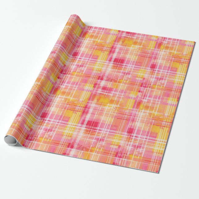 Funky Preppy Orange and Pink Plaid Wrapping Paper (Unrolled)