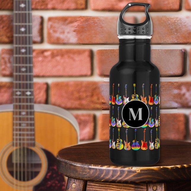 Funky psychedelic Guitar Pattern Monogram Stainless Steel Water Bottle (Colorful guitar pattern on black personalized monogram water bottle music lovers and guitar players)