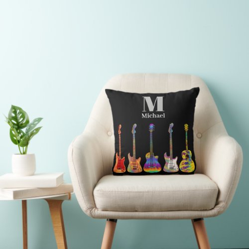 Funky Psychedelic Guitars Monogram Throw Pillow
