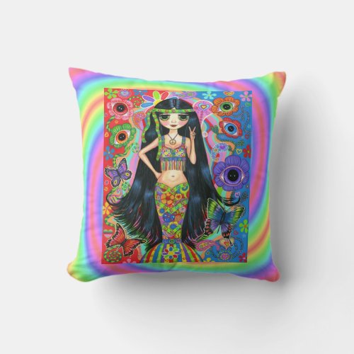 Funky Psychedelic Hippie Mermaid Girl Peace Sign Throw Pillow