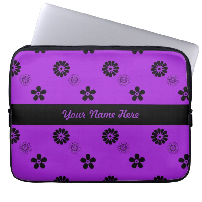 Funky Purple and Black Flowers Laptop Sleeve (Front)