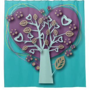 Funky Purple and Teal Heart Tree, Love and Romance Shower Curtain