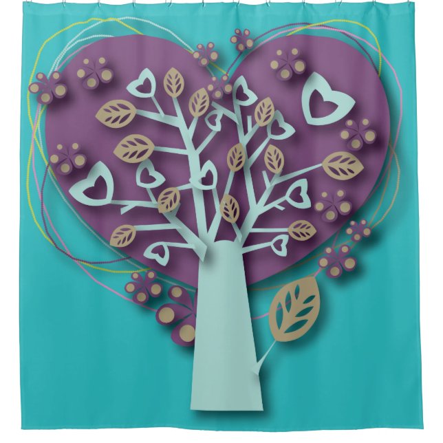 Funky Purple and Teal Heart Tree, Love and Romance Shower Curtain (Front)