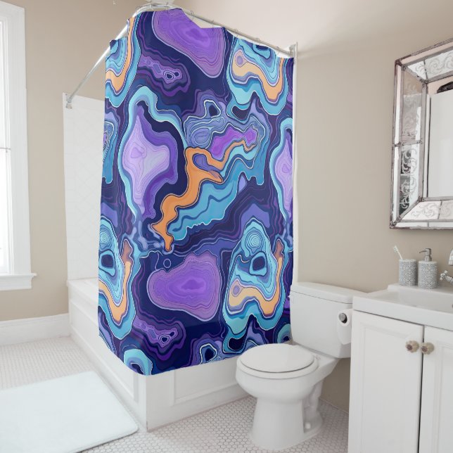 Funky Purple Aqua Mix Abstract Geode Agate Pattern Shower Curtain (In Situ)