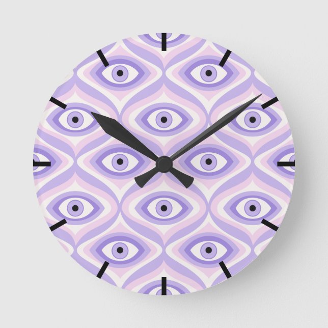 Funky Purple Eye: Retro Modern Psychedelic Pattern Round Clock (Front)