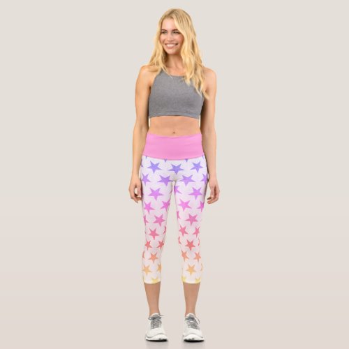 Funky Purple Pink And Yellow Stars _ Pink Waist Capri Leggings