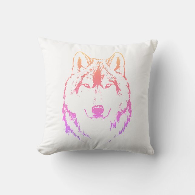 Funky Purple Pink Yellow Wolf Face Head Sketch Throw Pillow (Front)