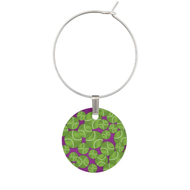 Funky purple tennis balls wine charm (Front)