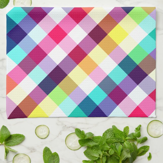 Funky Rainbow Plaid Pattern Kitchen Towel (Folded)