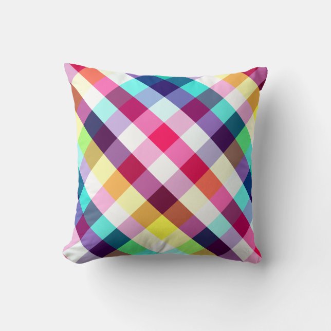 Funky Rainbow Plaid Pattern Throw Pillow (Front)