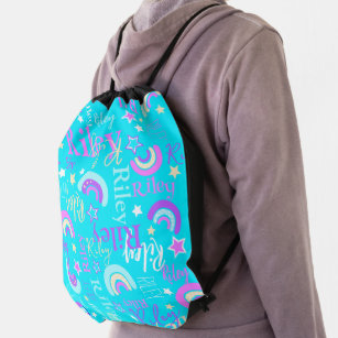 Funky rainbow stars aqua girls name colorful drawstring bag