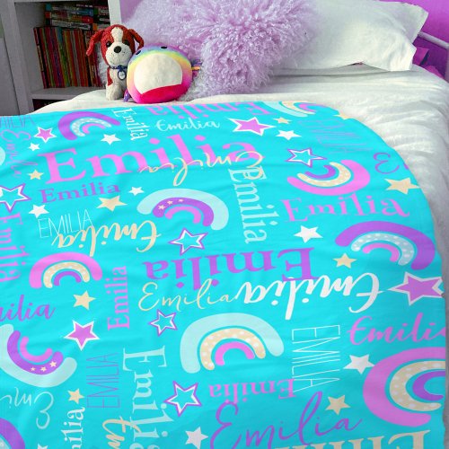 Funky rainbow stars aqua girls name colorful fleece blanket