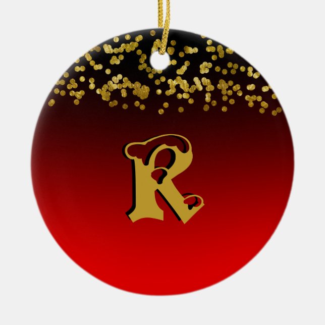 Funky Red Gold Glitter Stylish Monogrammed Custom Ceramic Ornament (Front)