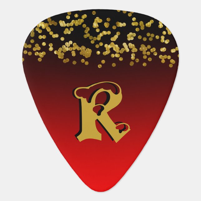 Funky Red Gold Glitter Stylish Monogrammed Custom Guitar Pick (Front)